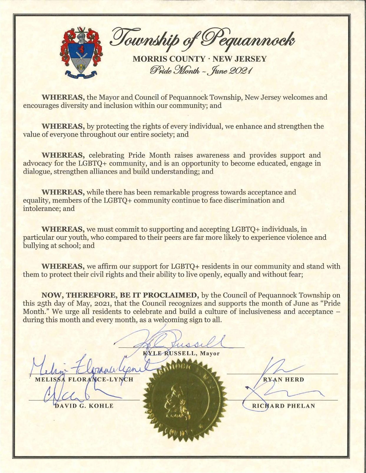 scanned copy of Pequannock's Pride Month Proclamation